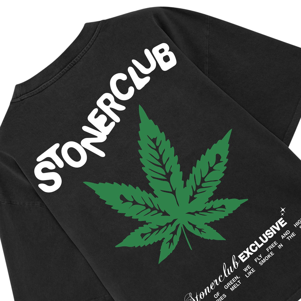 Black Leaf tee back with STONERCLUB wordmark and green cannabis leaf center graphic