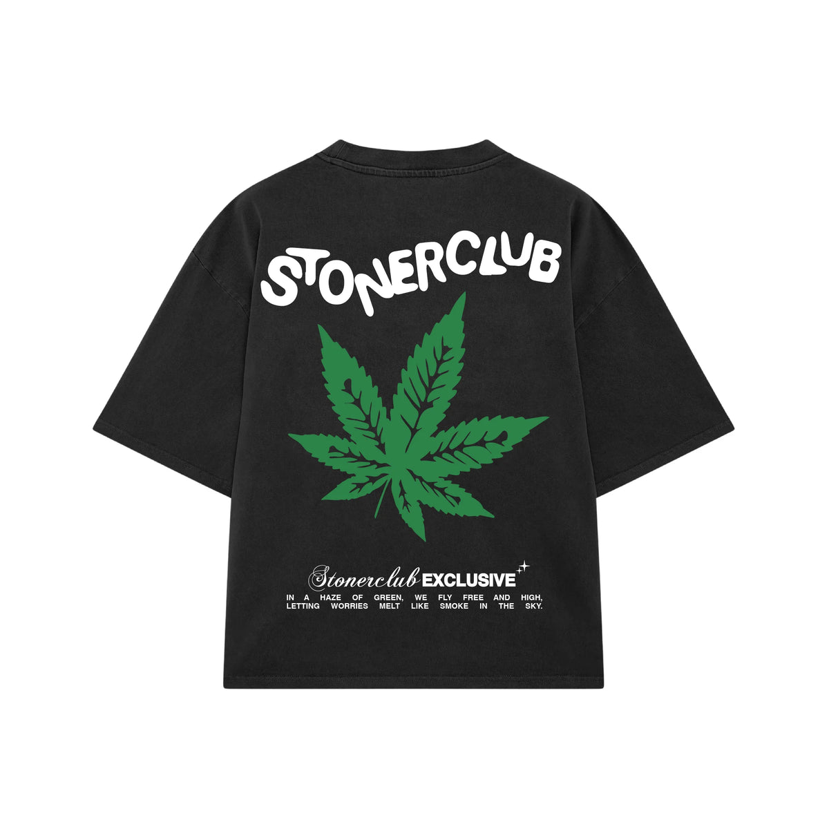 Black Leaf tee with STONERCLUB logo and green cannabis leaf graphic on chest