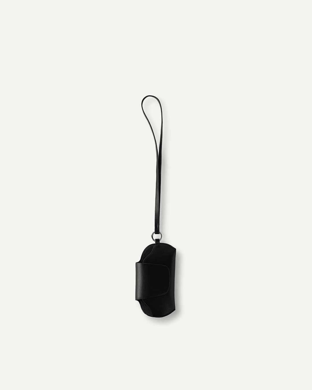 Black leather-style sunglass holder with strap and snap closure