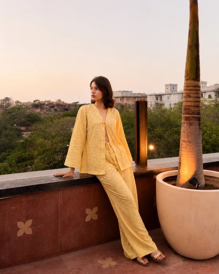 Women’s embroidered broderie co-ord set with V-neck top and wide-leg trousers