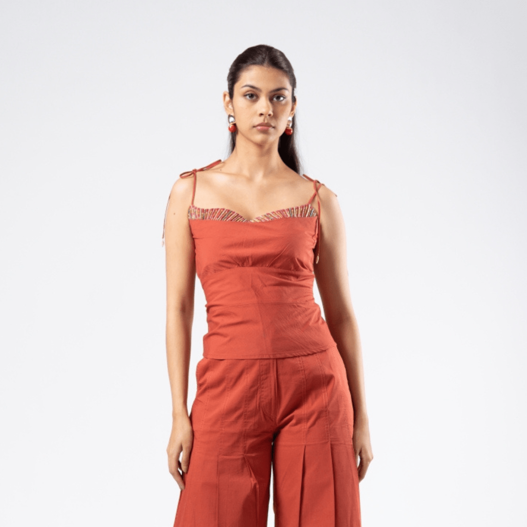 Rust red beaded cami top and matching wide-leg pants set, scoop neckline with multicolor bead trim