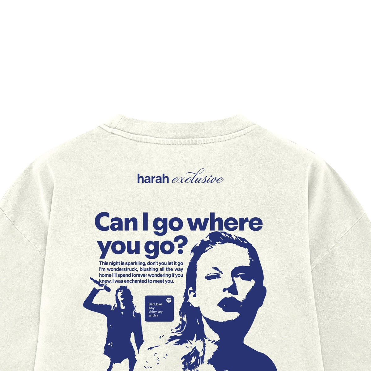 Cream crew-neck graphic T-shirt with large blue back print and short sleeves.