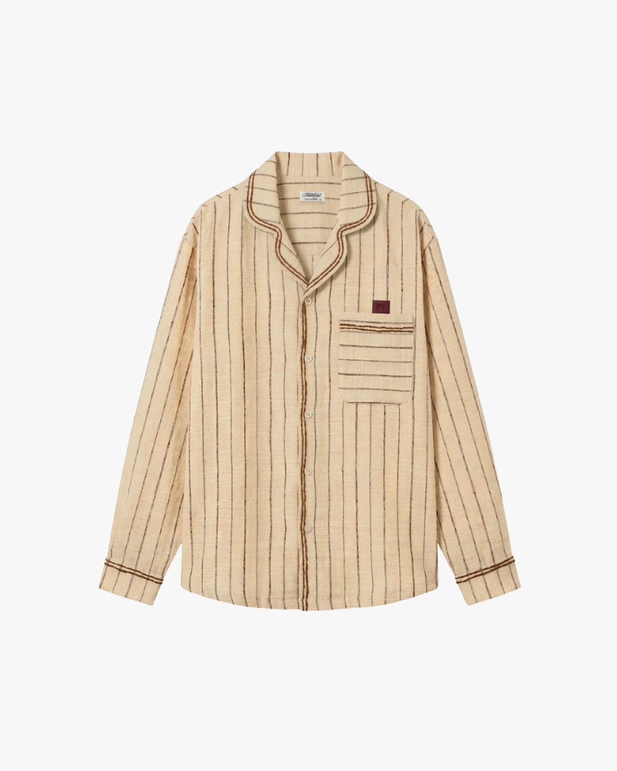 Beige linen shirt with vertical stripes, button-up collar and chest pocket