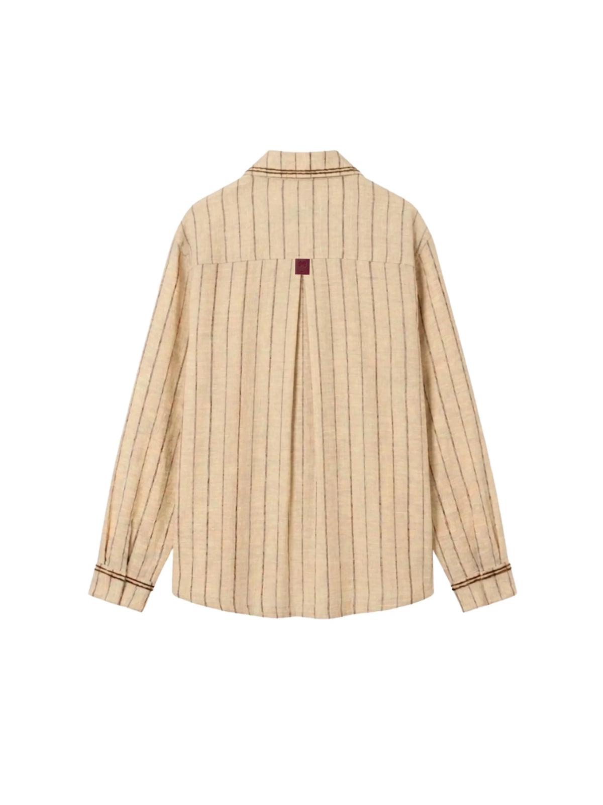 Back view of beige vertical-striped linen shirt with red logo detail