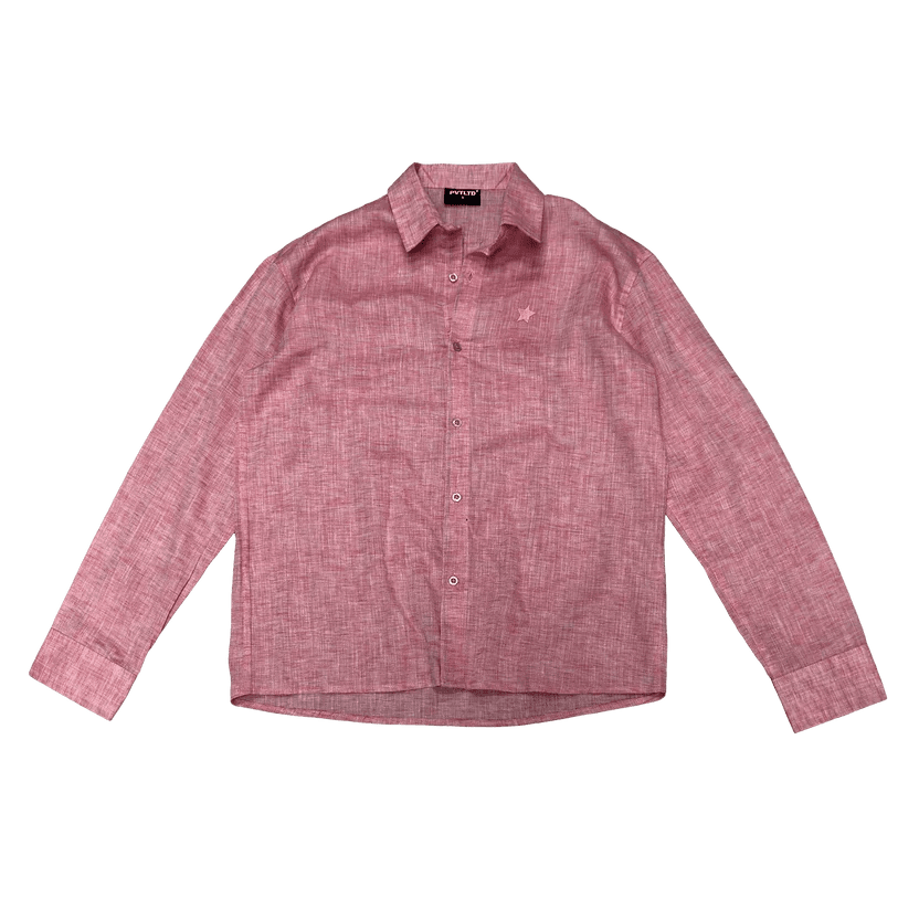 Peach solid button-up shirt with pointed collar, front buttons, and chest star