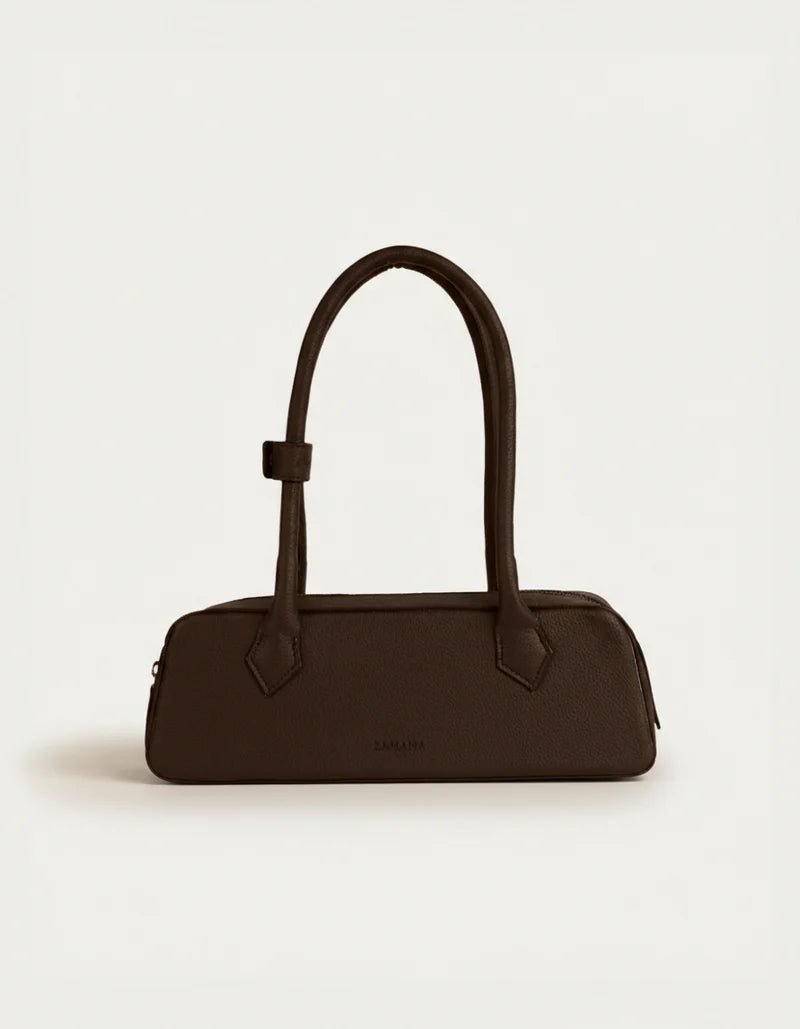 Dark brown handbag with arched two top handles and minimal front design