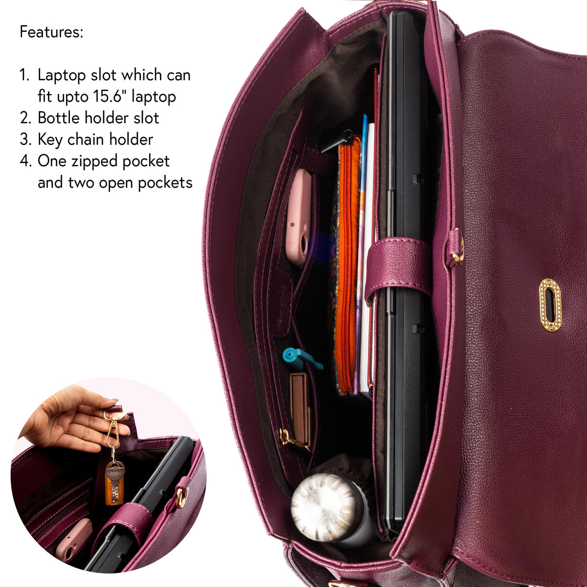 Burgundy open bag interior with laptop sleeve, bottle slot, key clip, and zipper pocket.