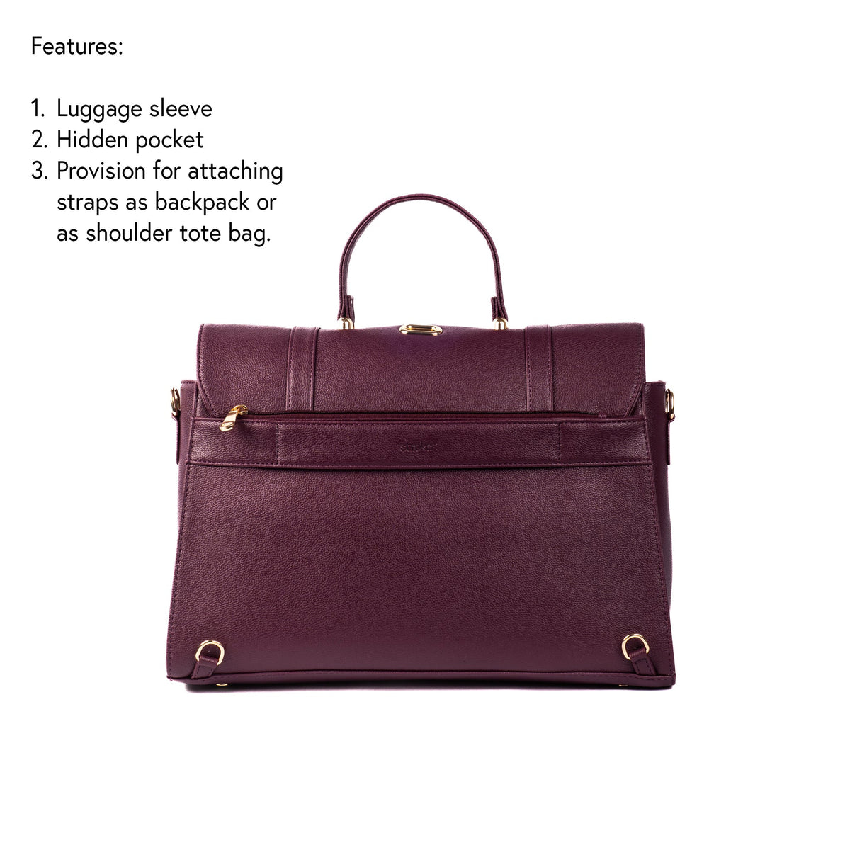 Burgundy rectangular work bag with top handle, front flap, and front luggage-style loop.