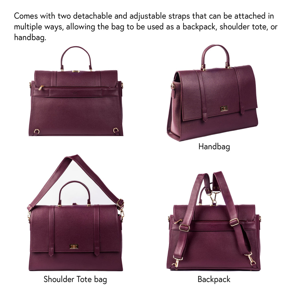 Burgundy convertible bag with detachable adjustable straps for shoulder, tote, or backpack use.