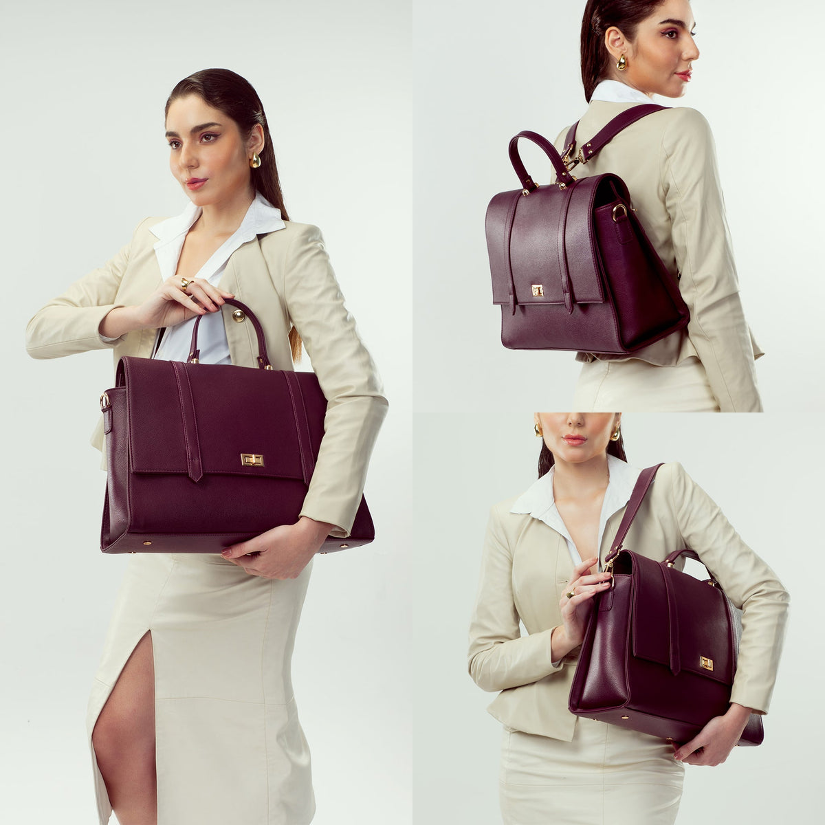 Burgundy convertible work bag worn as a backpack with top handle and front flap pocket.