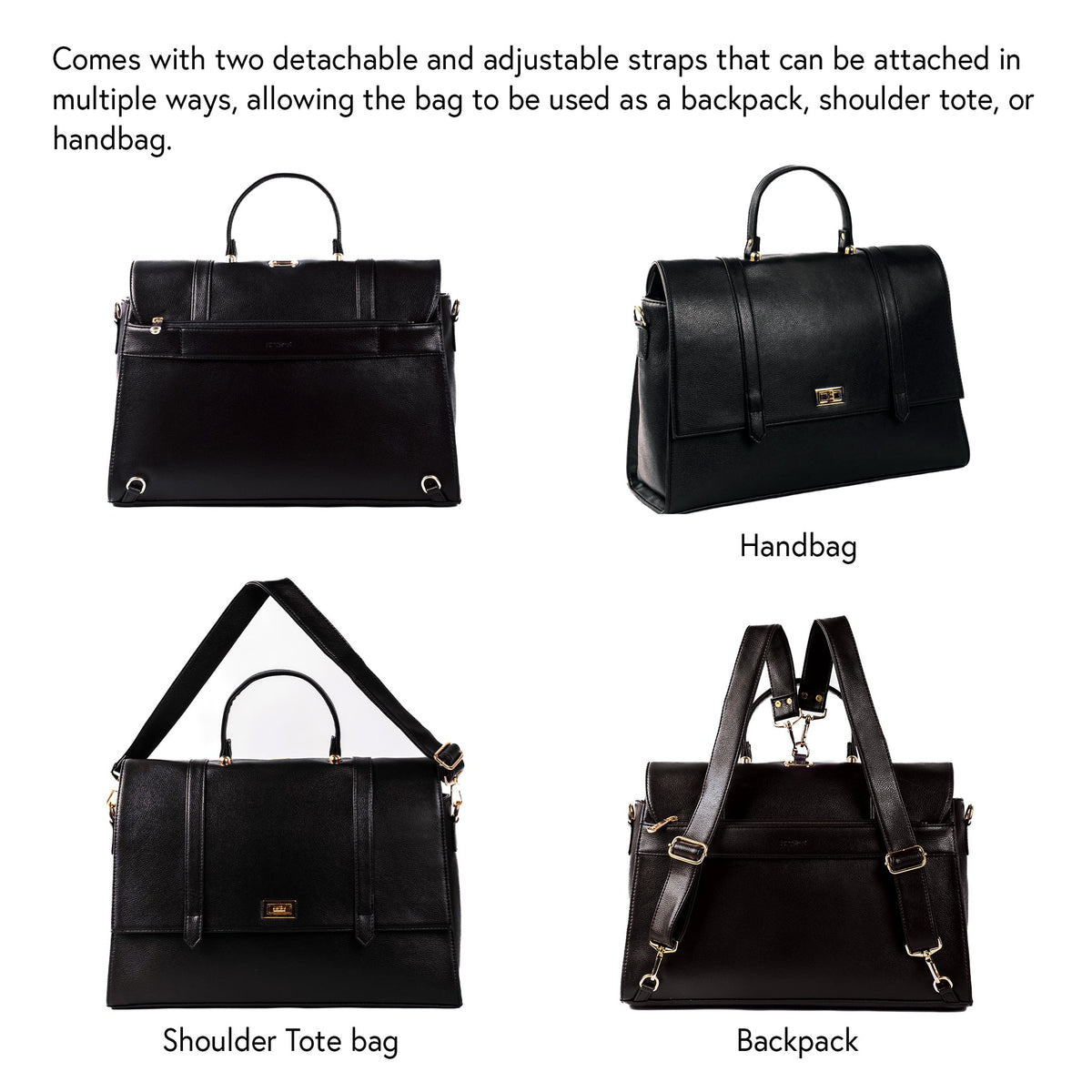 Convertible work bag with detachable adjustable straps for handbag, shoulder tote, and backpack