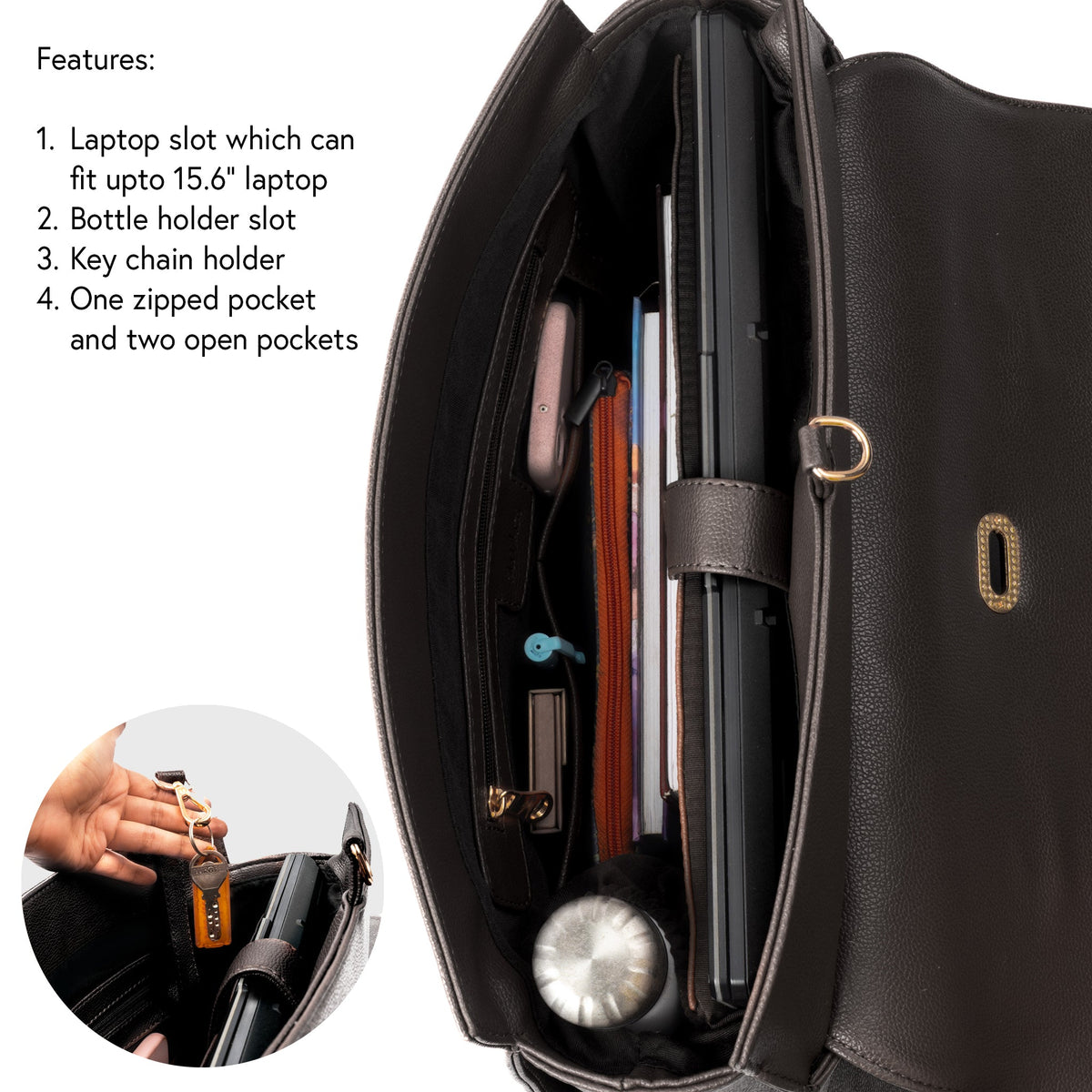 Convertible work bag interior with laptop sleeve and slots for bottles and keys