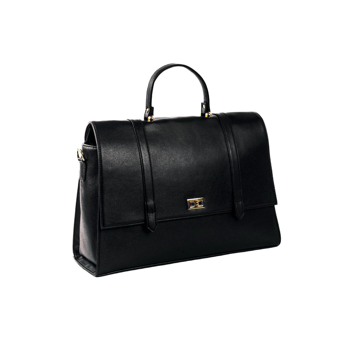 Charcoal convertible work bag with top handle, flap front, and gold-tone lock hardware