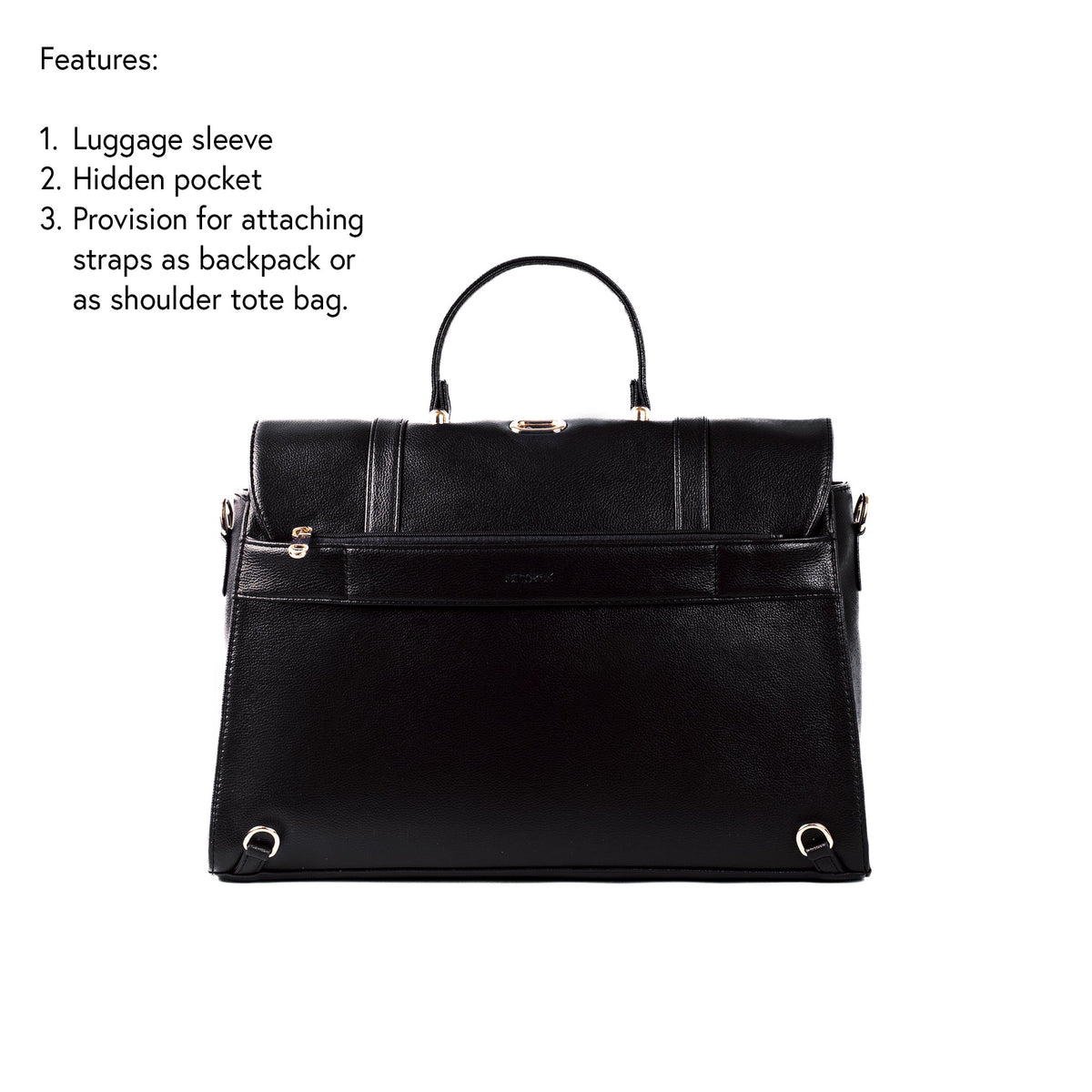 Convertible work bag front view with top handles, flap closure, and gold-tone lock
