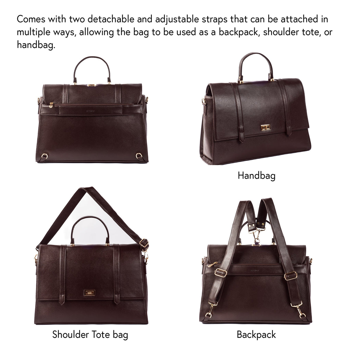 Convertible mahogany work bag with detachable straps for handbag, shoulder tote, or backpack