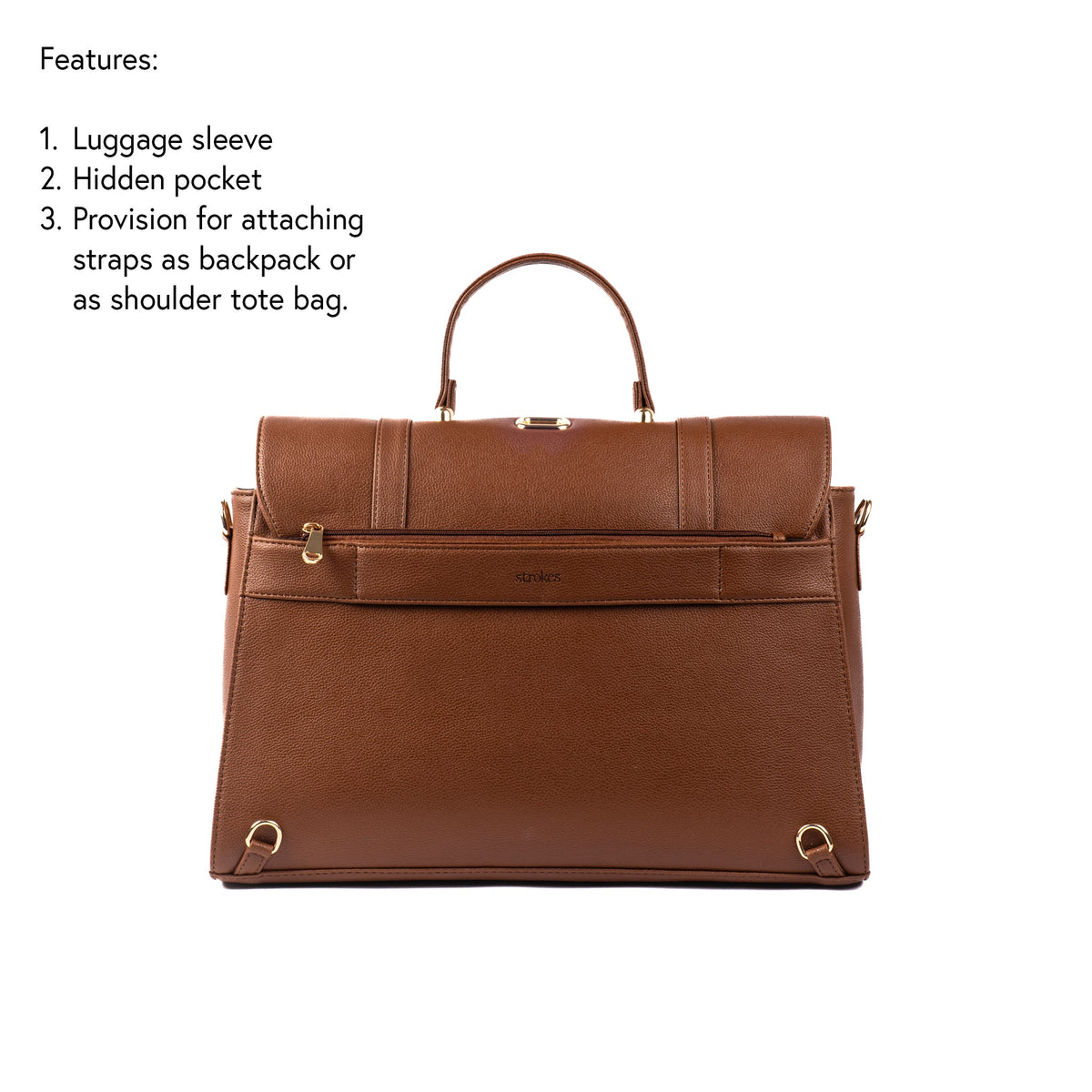 Mocha brown structured work bag with front flap, top handles, and side rings