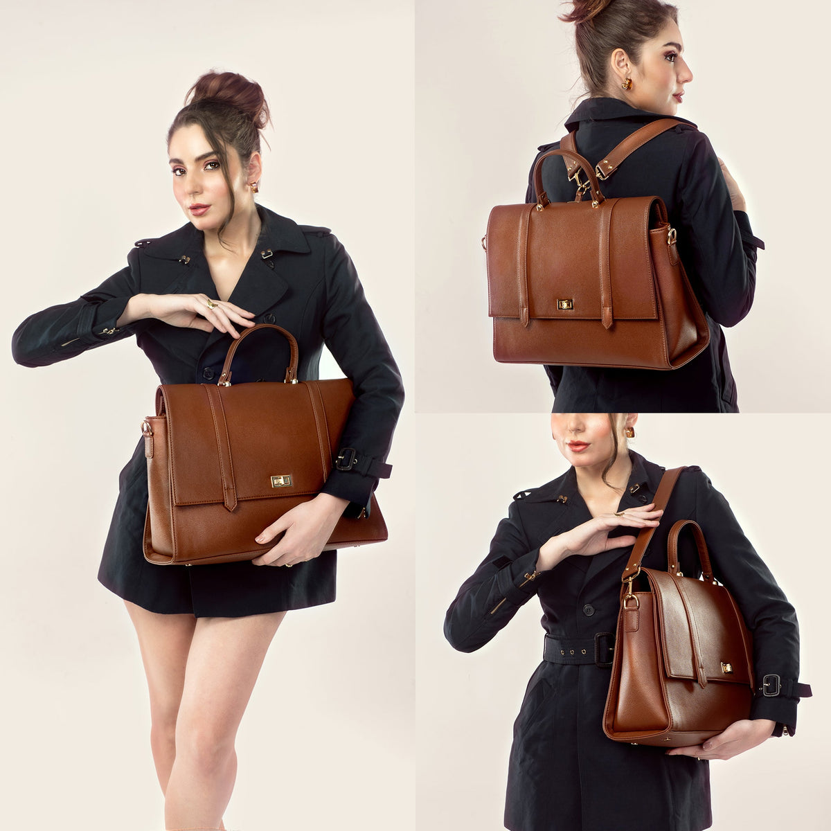 Mocha brown convertible work bag worn on the back with shoulder straps