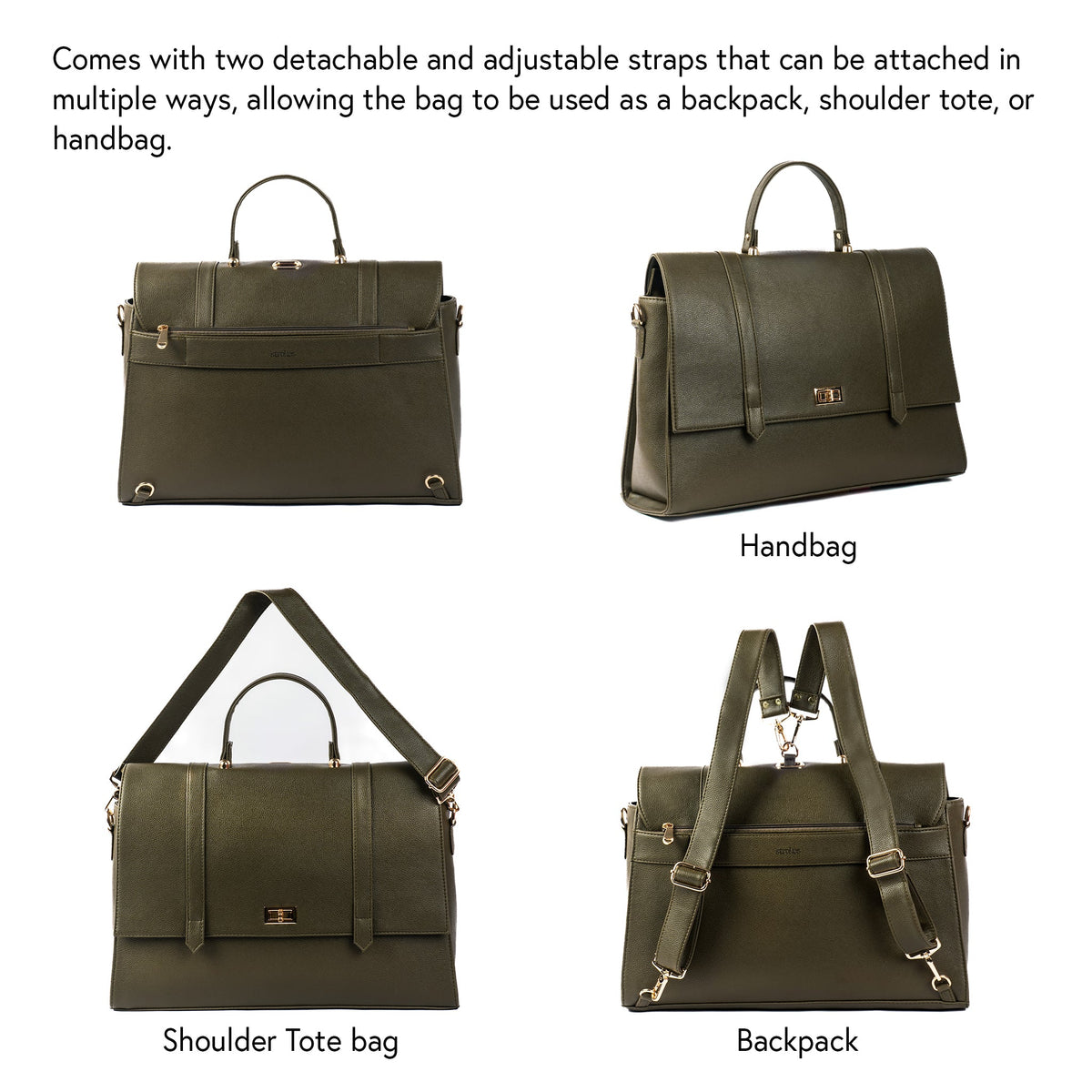 Olive convertible work bag with detachable straps for handbag, shoulder tote, and backpack