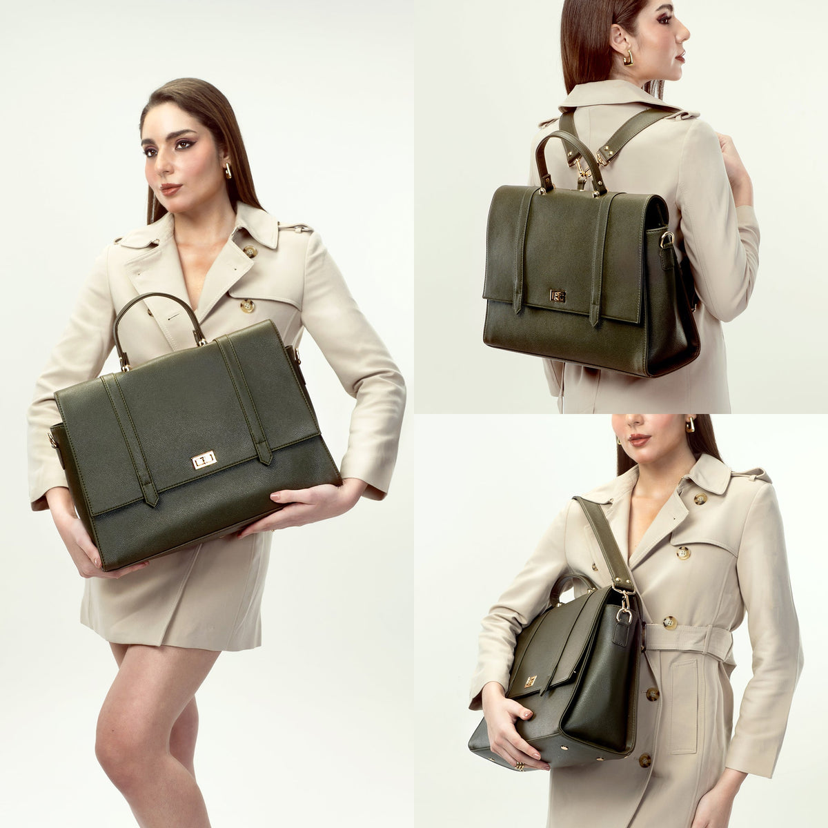 Olive convertible work bag with top flap, worn as handbag and backpack