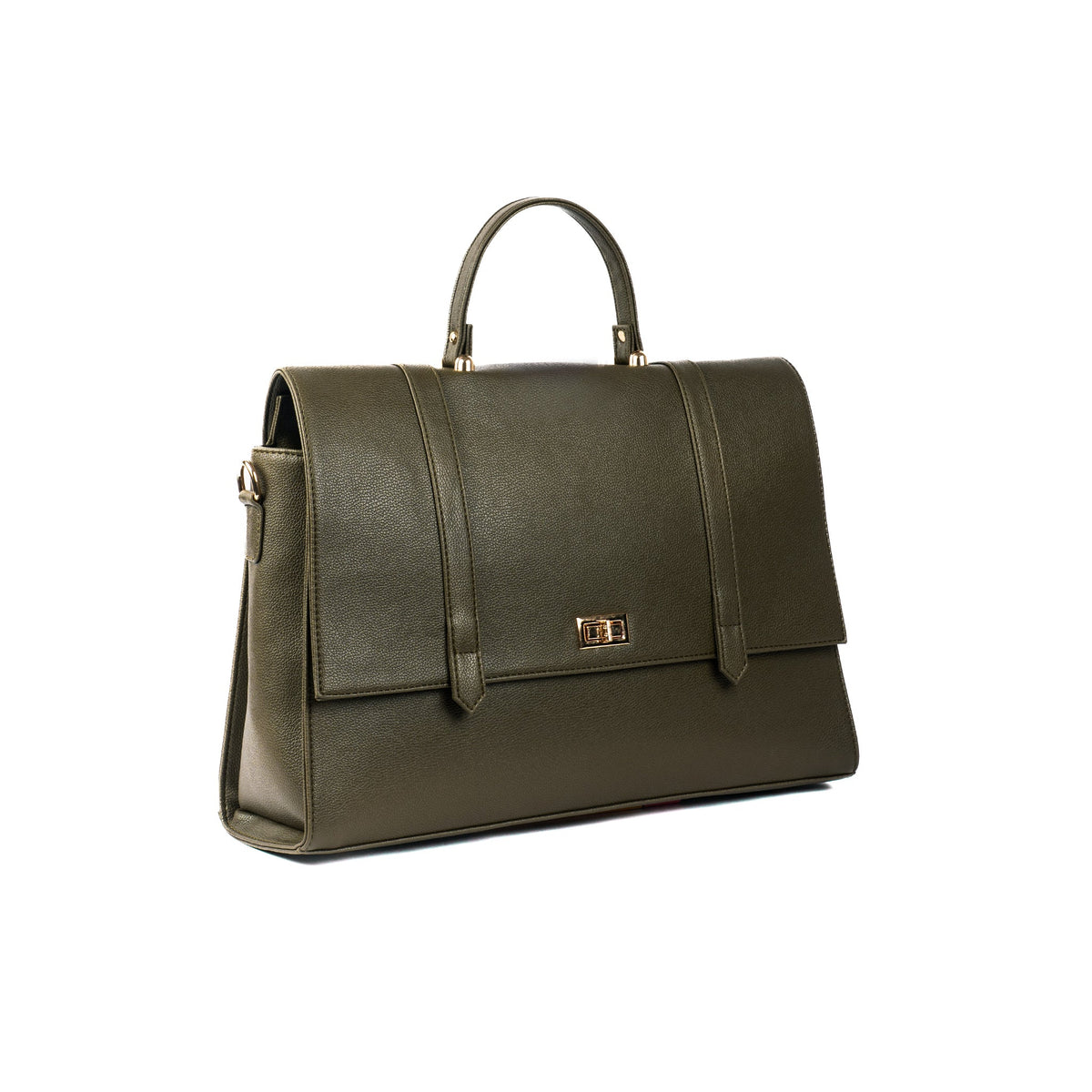 Olive leather-look work bag with top handles and front flap clasp