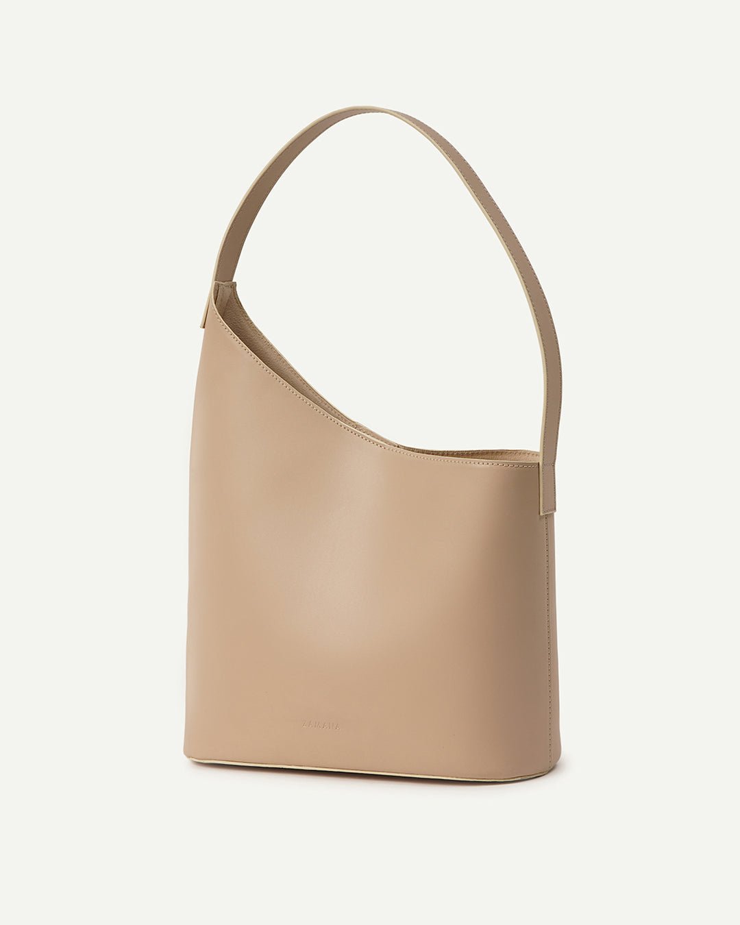 Beige leather-look hobo tote bag with long top handles and curved shape
