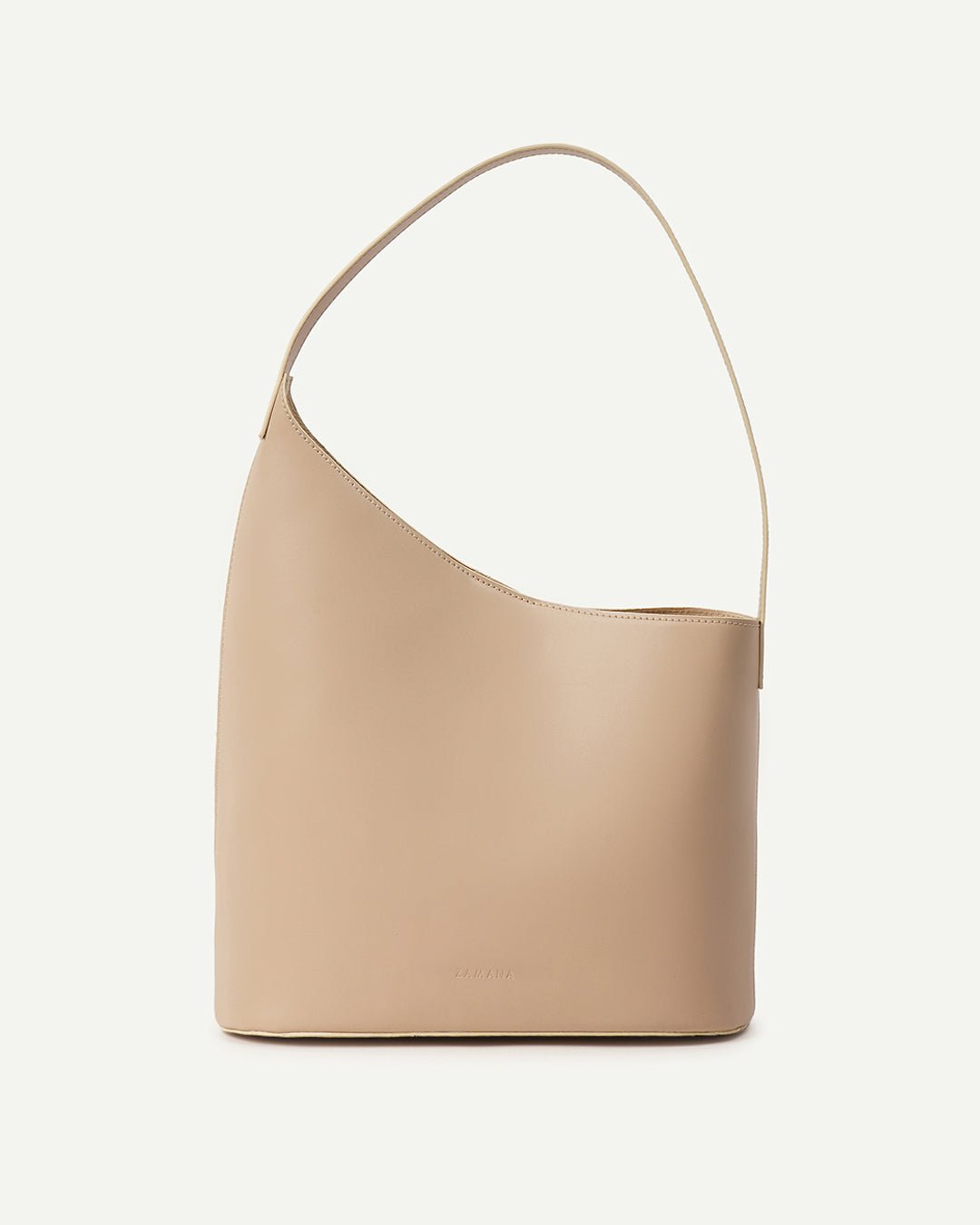 Beige hobo tote bag with curved top opening and single long handle