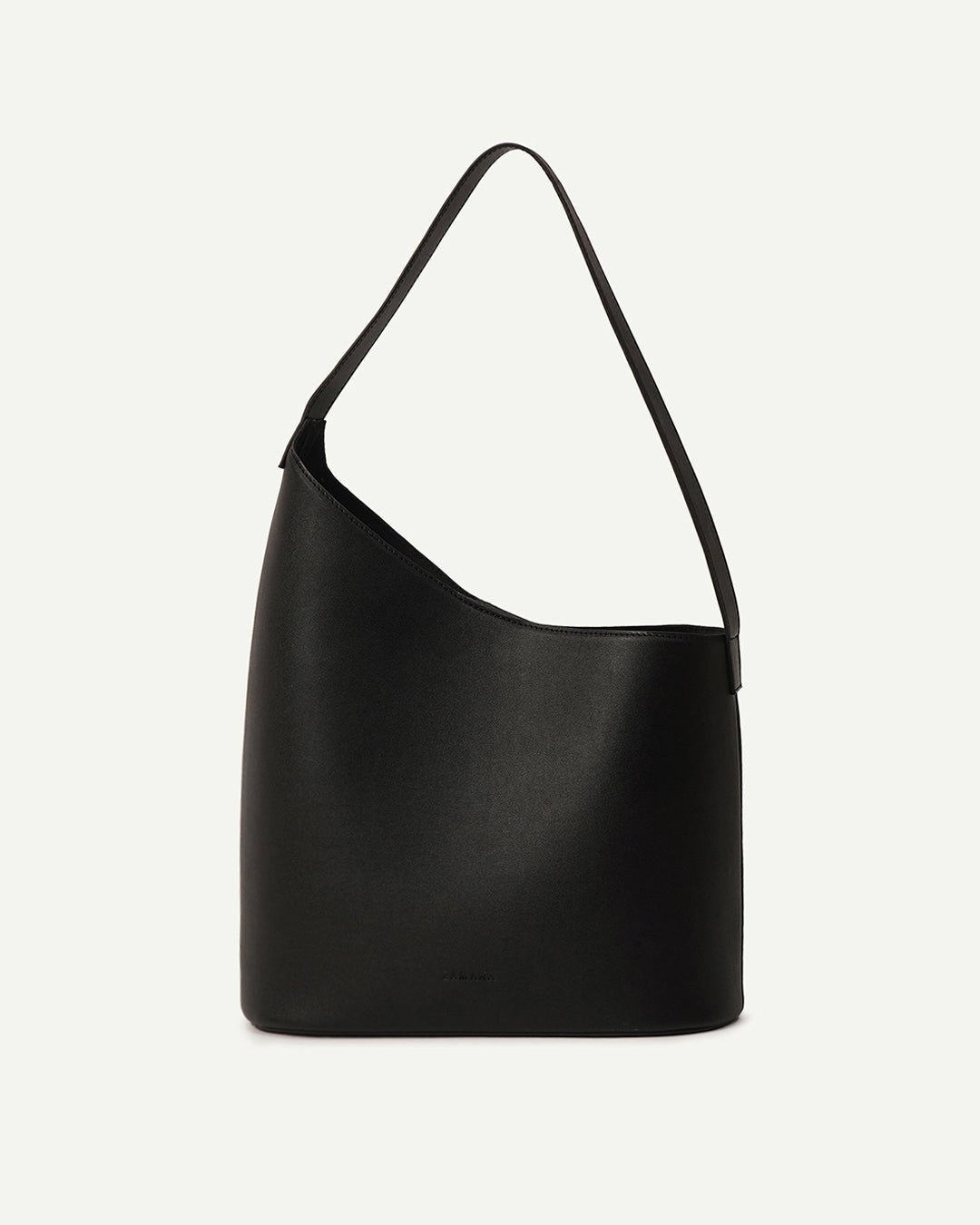 Black bucket shoulder bag with wide strap and open top, minimal structured shape