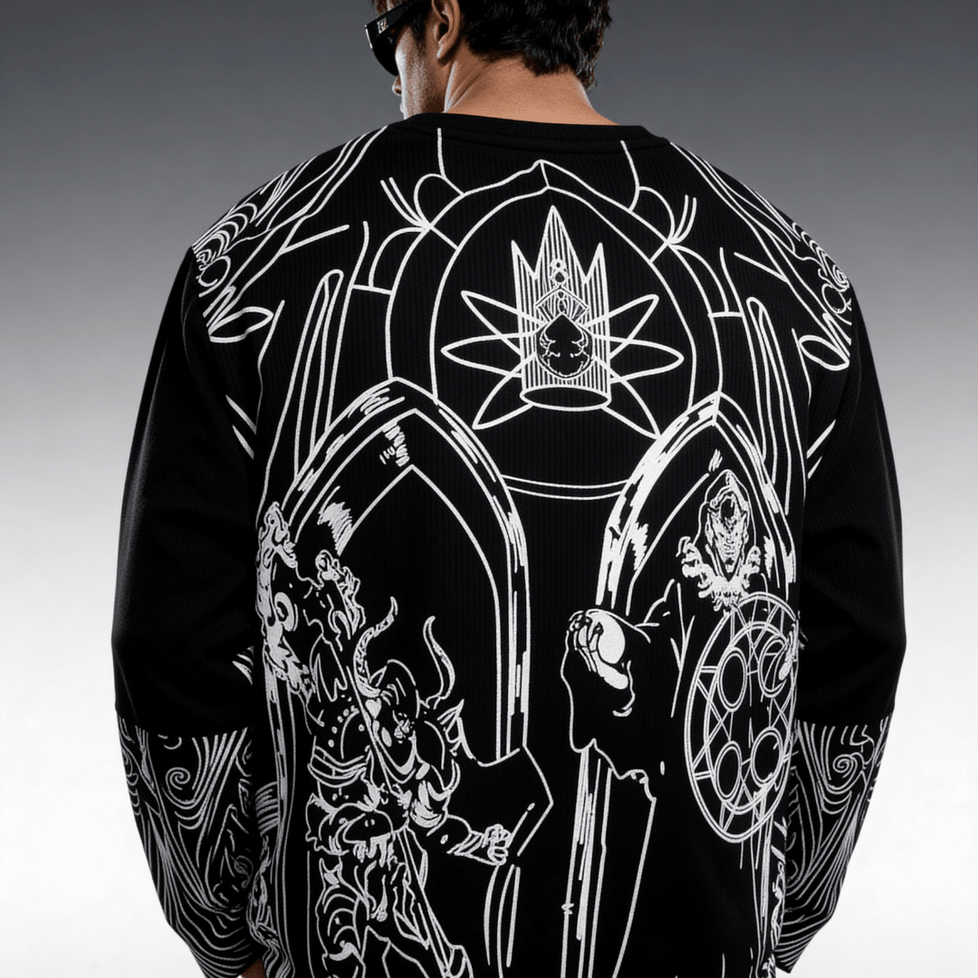 Black waffle-knit long-sleeve shirt with white back graphic of characters and symbols