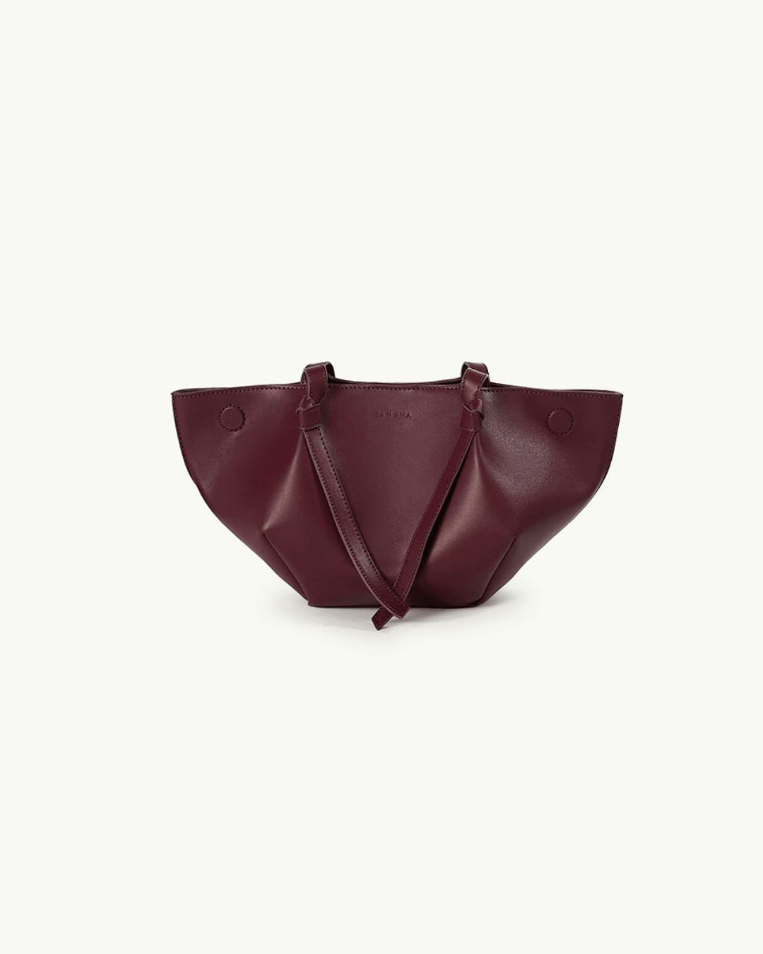 Burgundy leather mini tote bag with short handles and V front seam