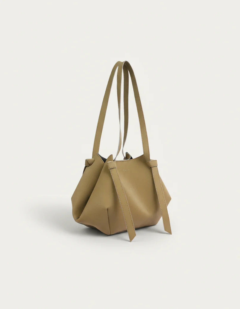Olive small tote bag with dual handles and structured front, angled view