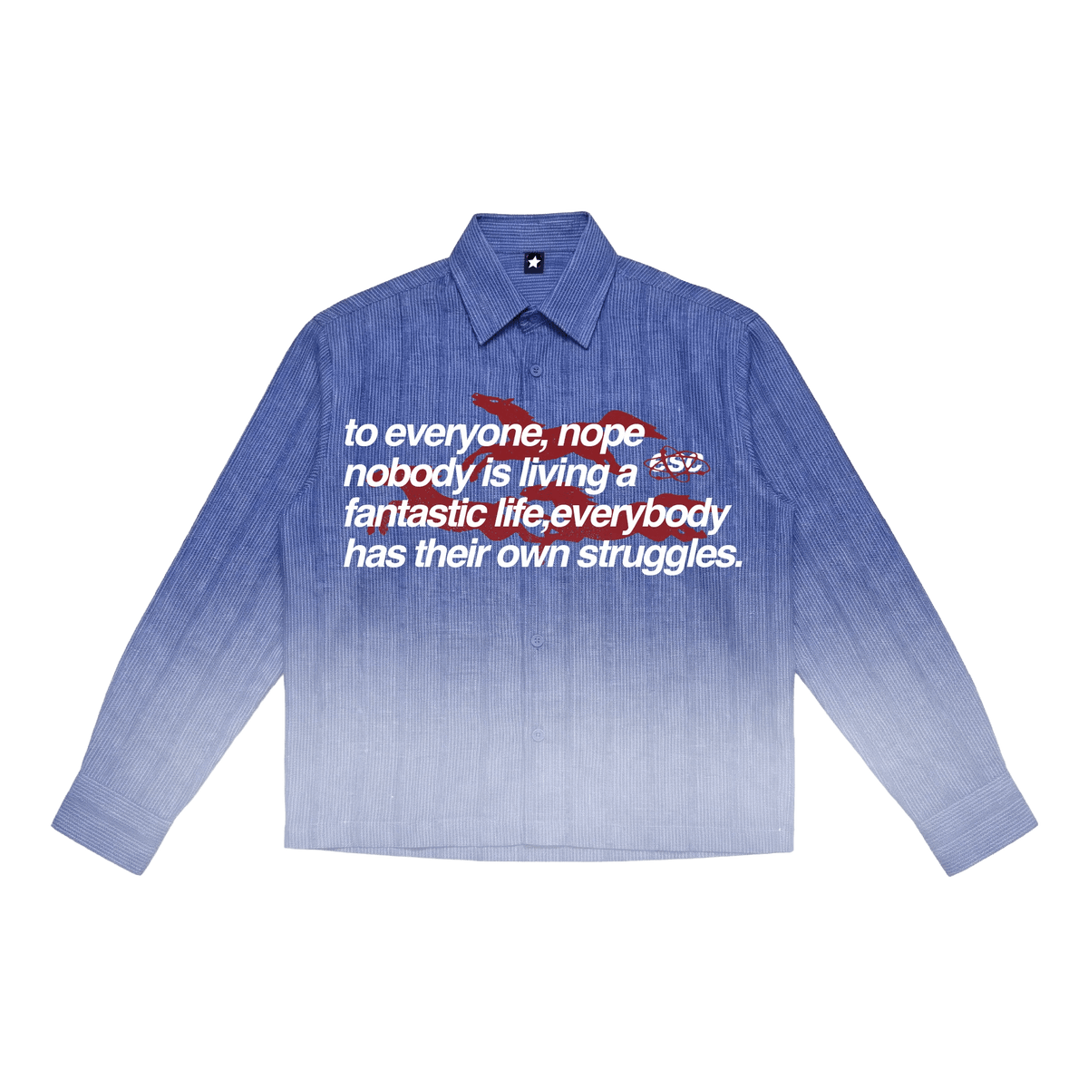Blue button-down shirt with long sleeves and front graphic text print