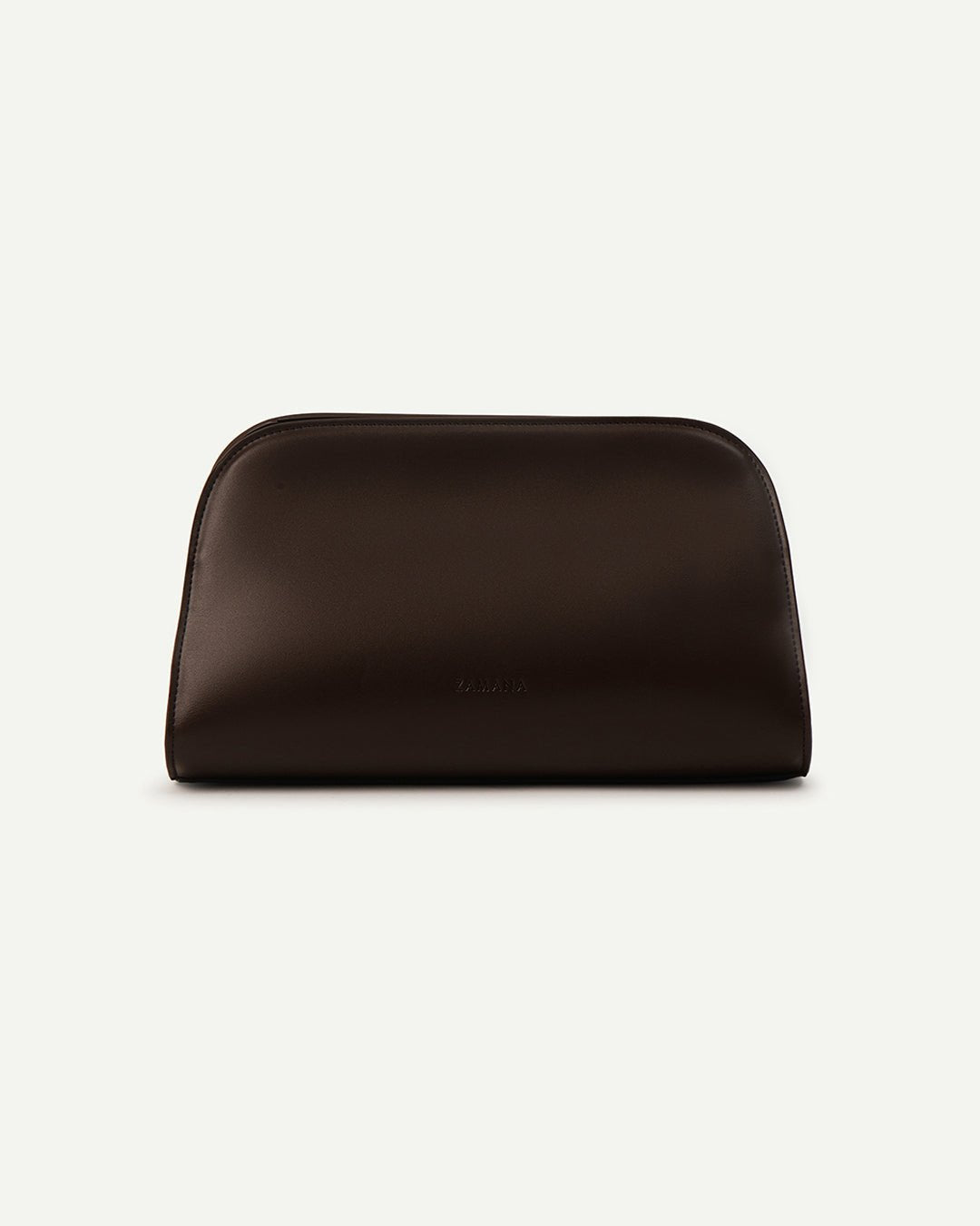 Dark brown leather clutch bag with rounded corners and minimalist front panel