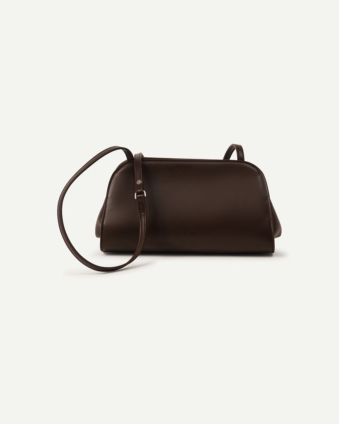 Dark brown leather crossbody clutch bag with adjustable strap and top-zip look