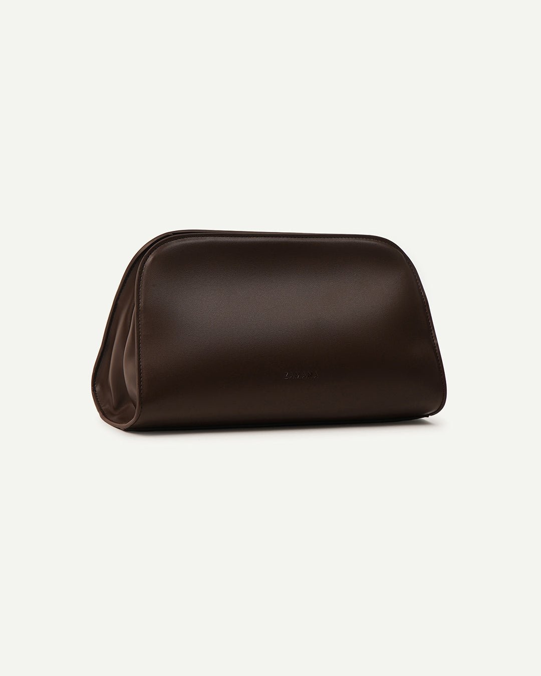 Dark brown leather clutch bag with curved silhouette and stitched edge detail