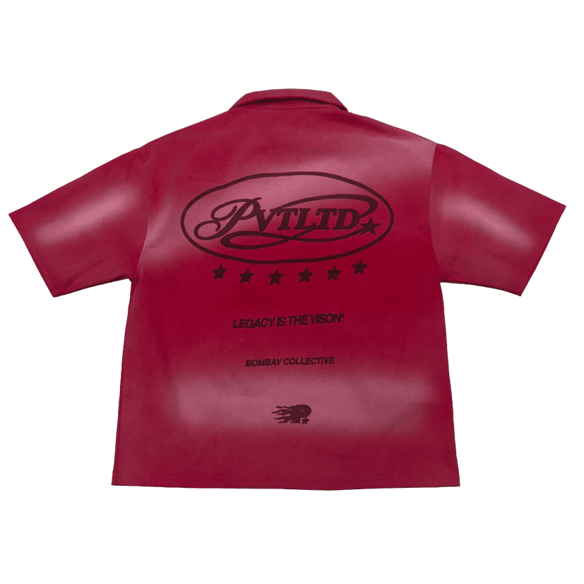 Red short-sleeve button-up shirt with back logo print and pointed collar