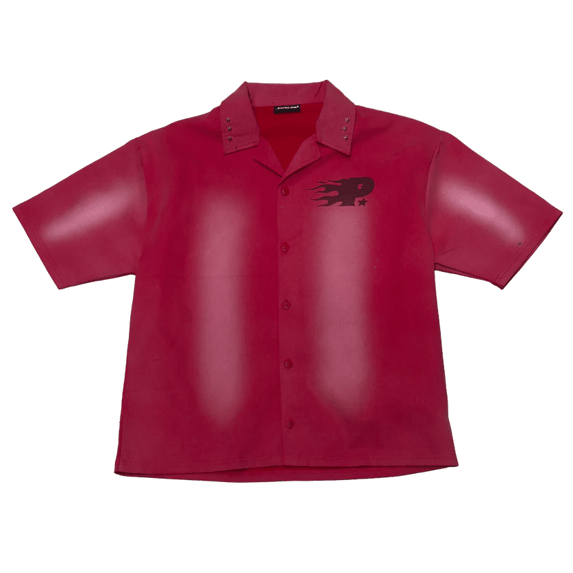 Red short-sleeve button-up shirt with point collar and chest graphic, full front view