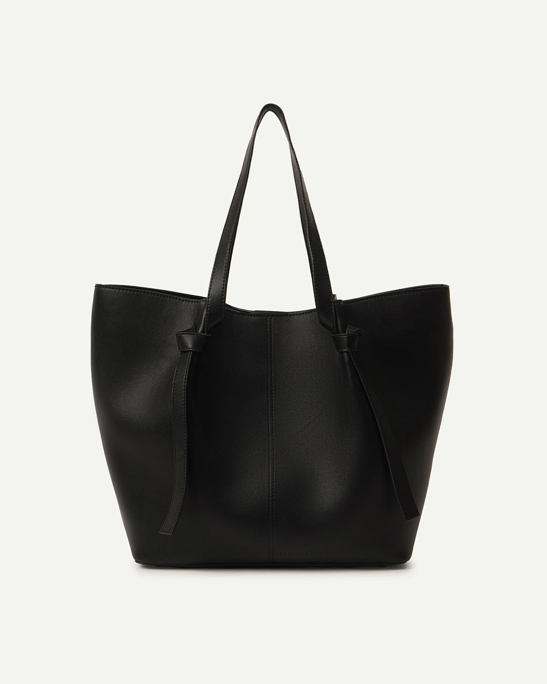 Black leather tote bag with top handles and side tie details