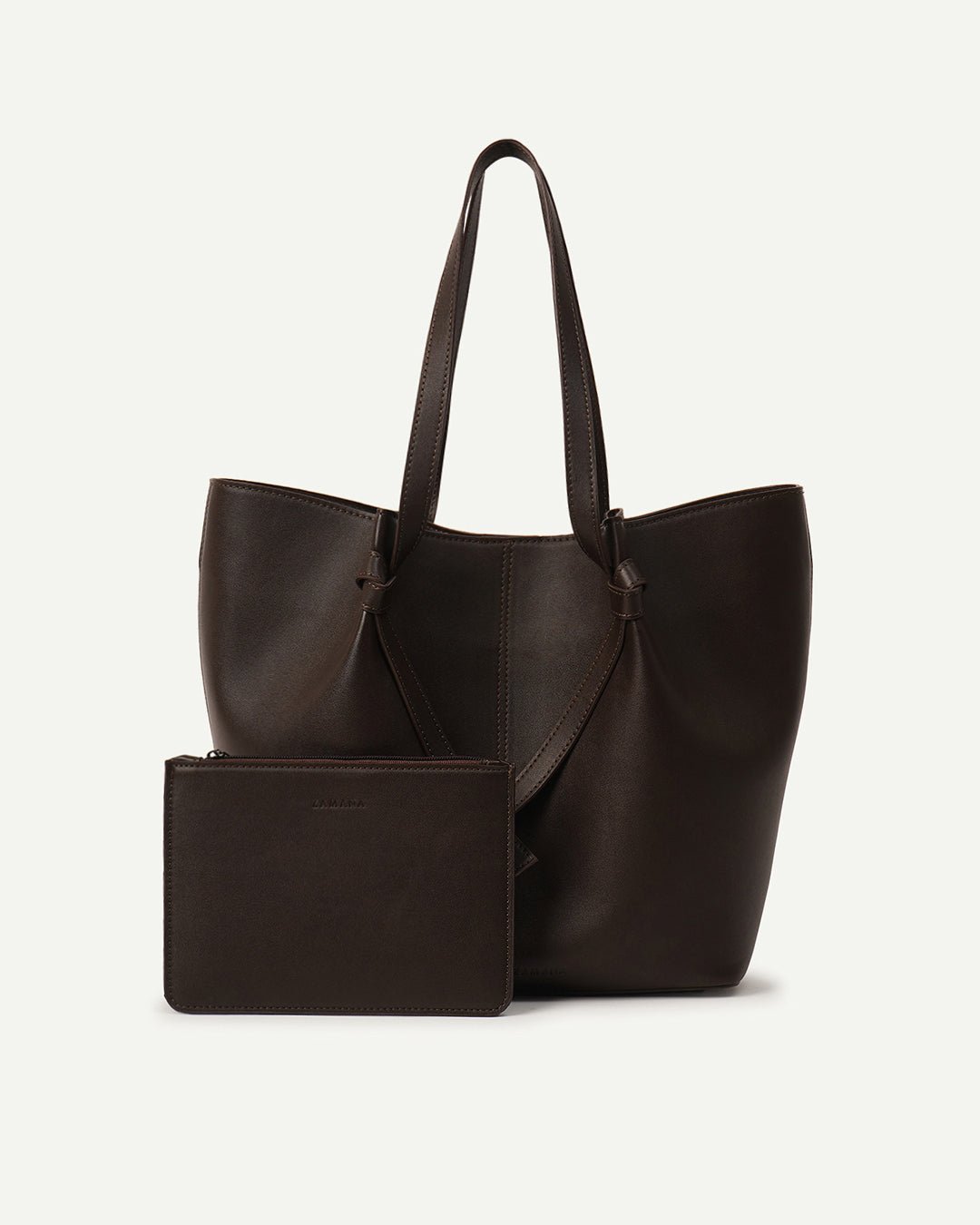 Dark brown tote bag with dual handles and attached zip pouch pocket on front.