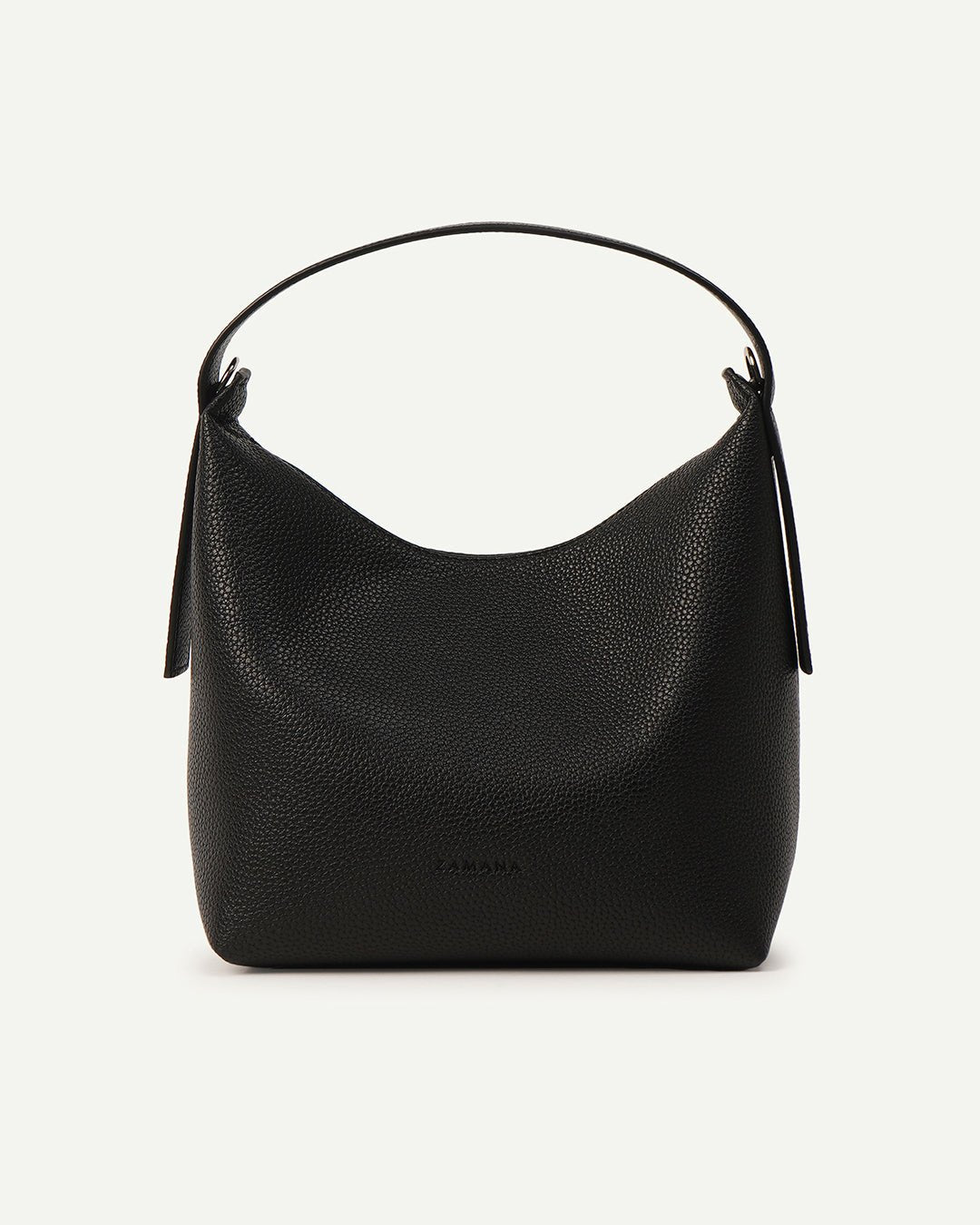 Black textured hobo shoulder bag with rounded opening and short top handles