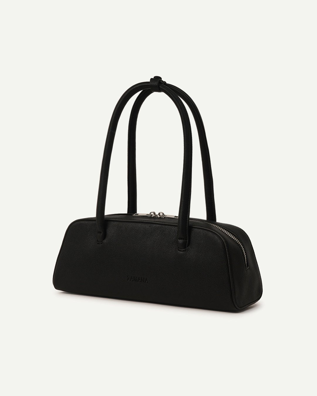 Black top-handle handbag with rounded body and side zipper pocket