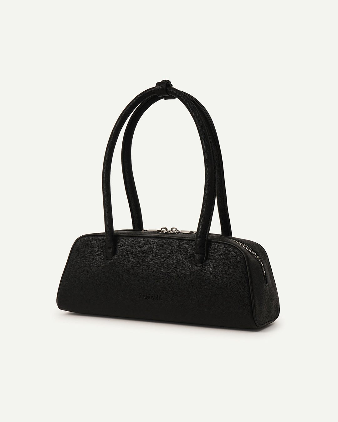 Black handbag with curved top handles and front zipper closure