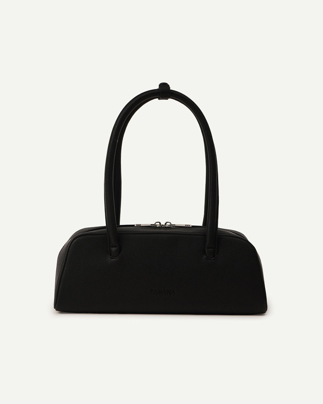 Black structured handbag with top handles and front zipper