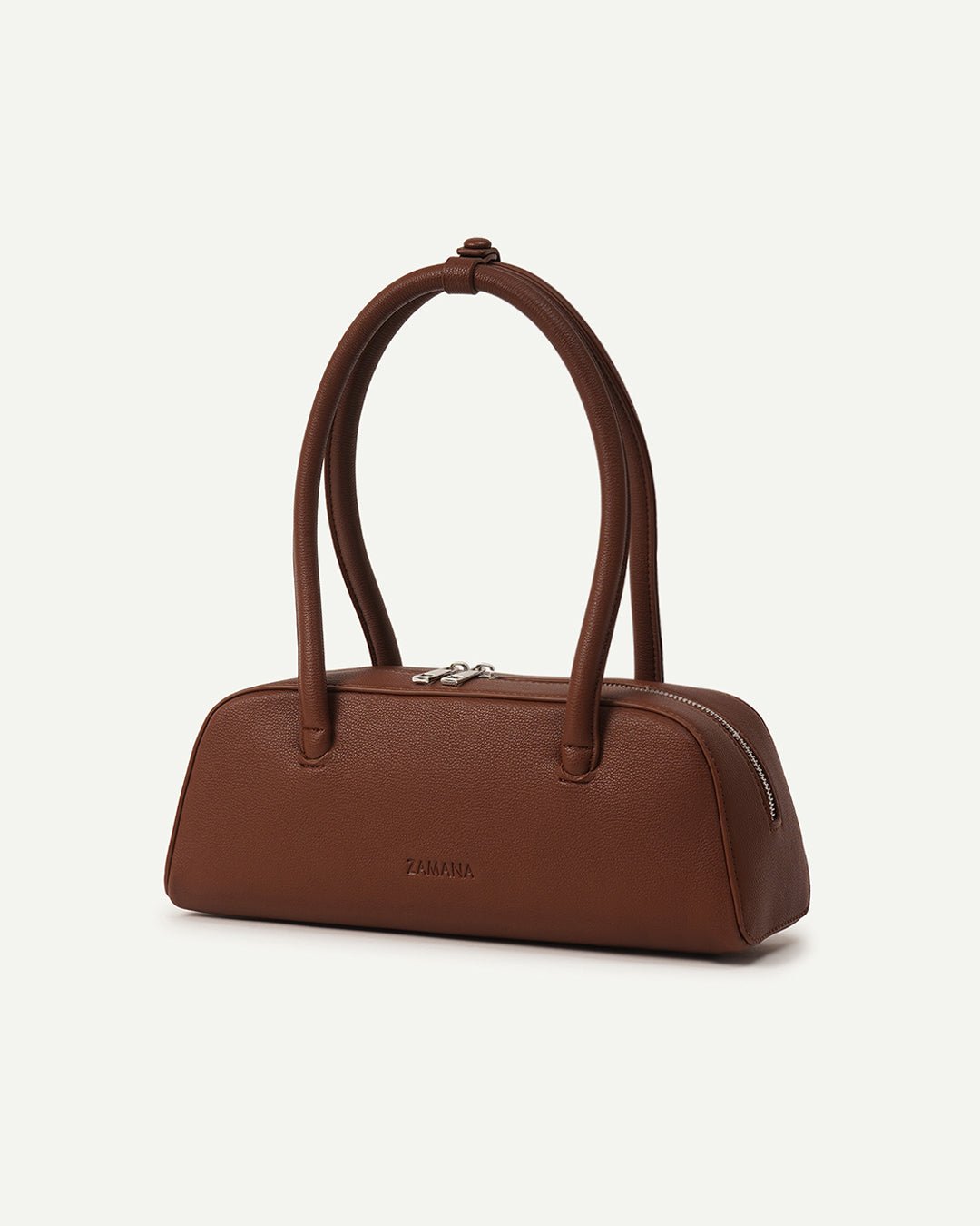Chocolate brown small top-handle handbag with short handles and zip opening