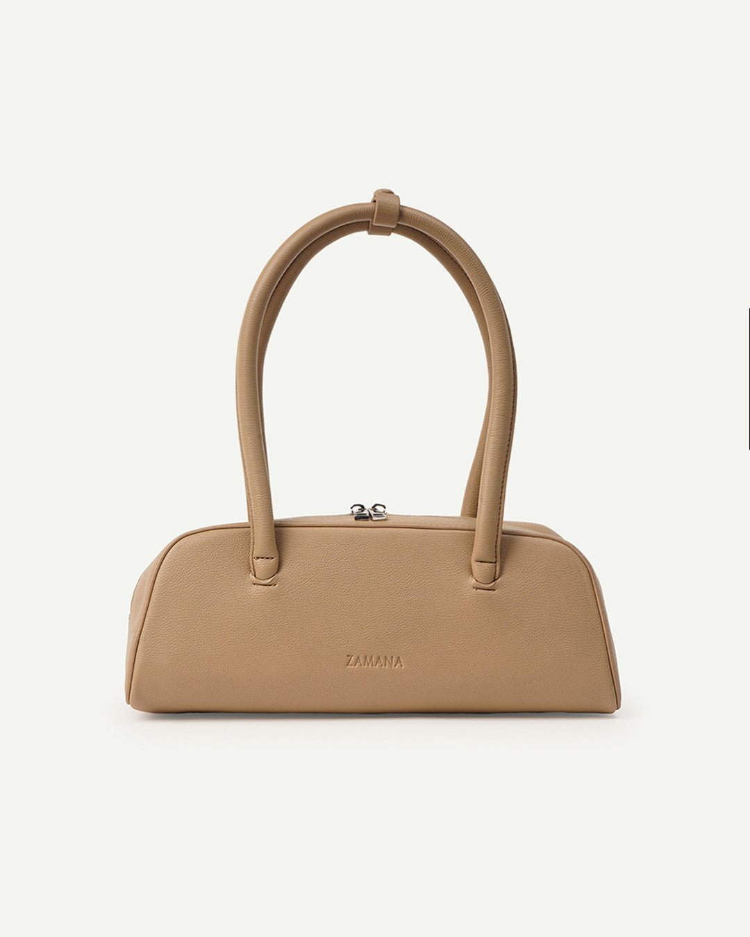 Cream/tan top-handle handbag with short handles and front clasp detail