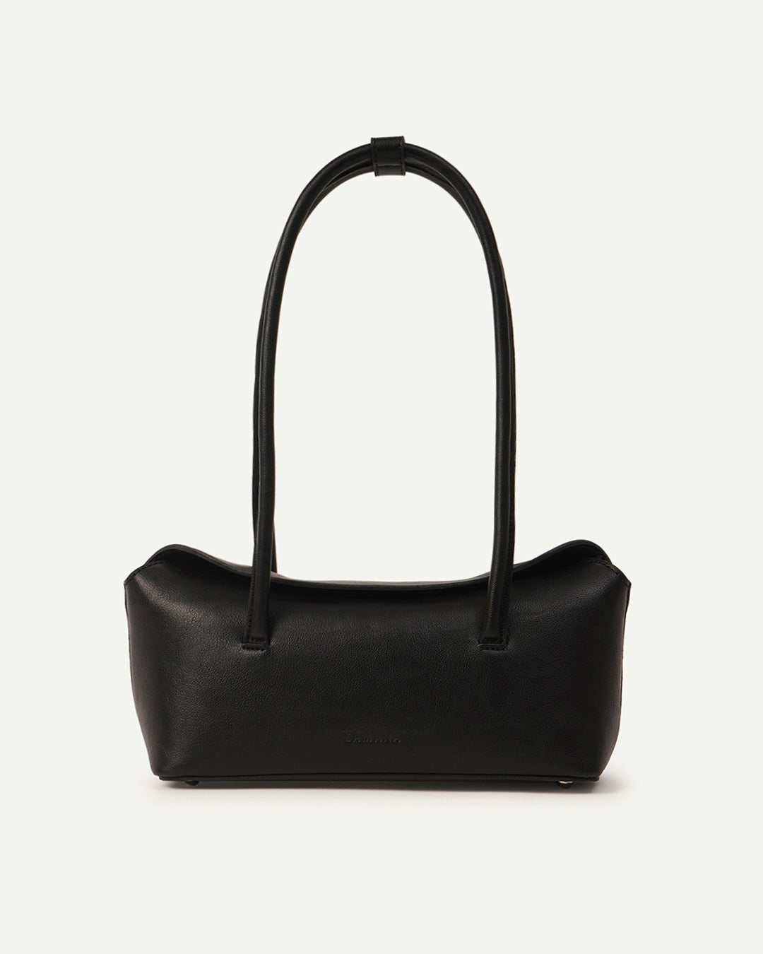 Black rectangular handbag with rounded top and two upright handles