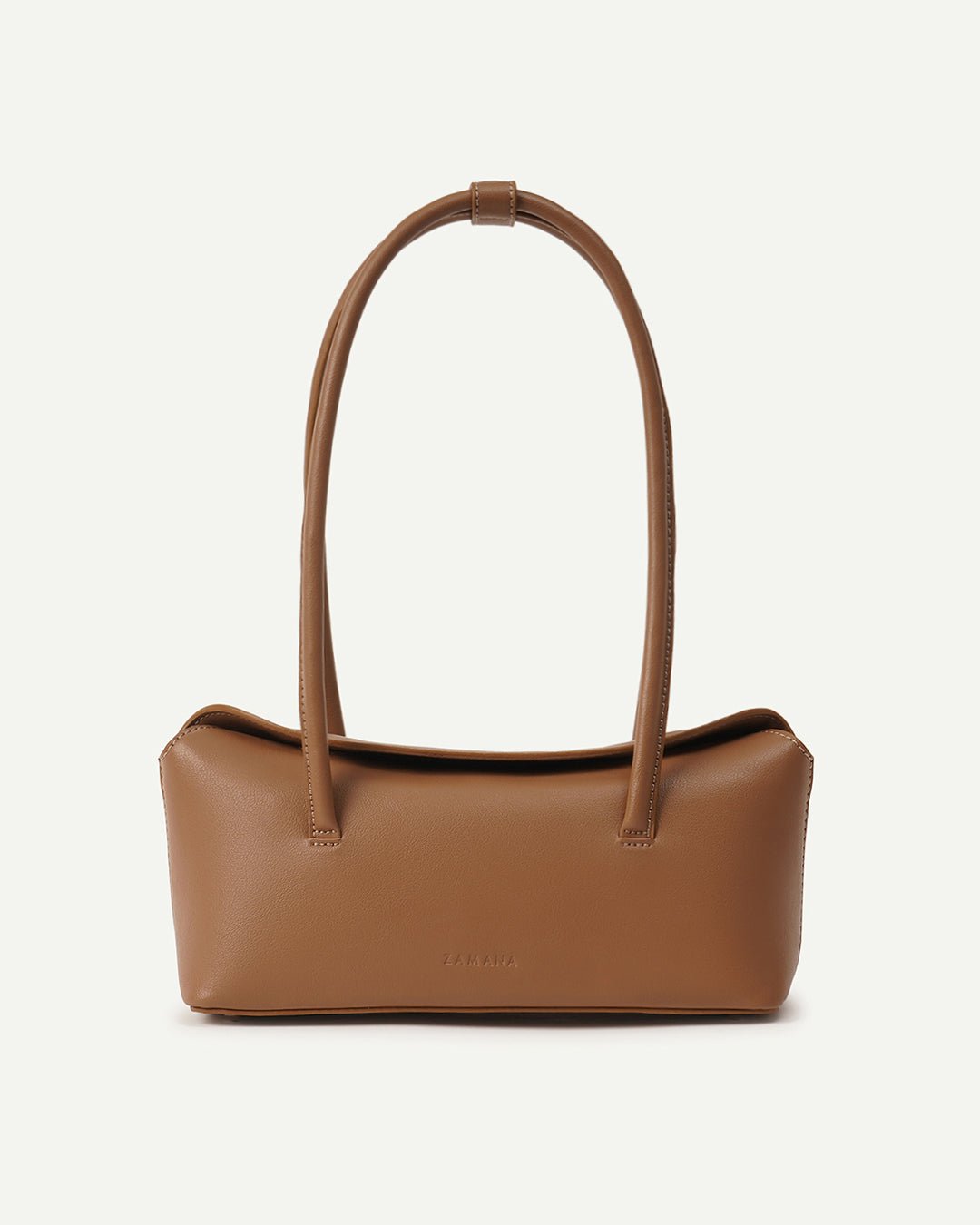 Caramel leather-look tote bag with rounded top handles and front logo