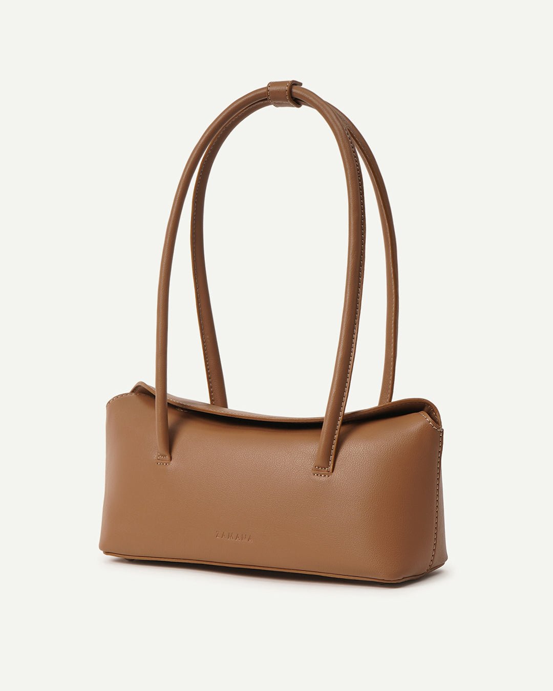 Caramel leather-look mini tote with rounded top handles and front logo