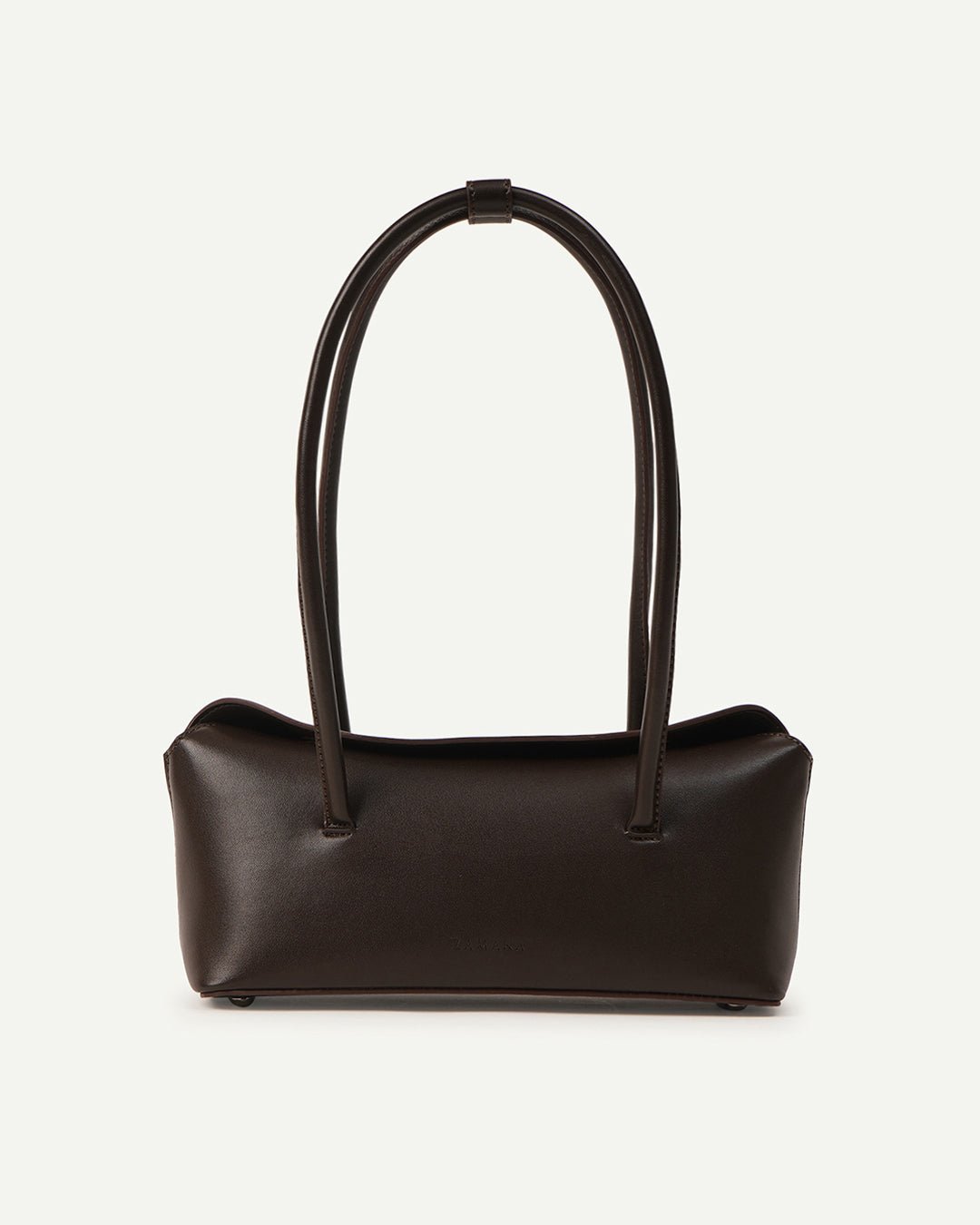 Dark brown leather-look tote bag with two top handles and flat rectangular base
