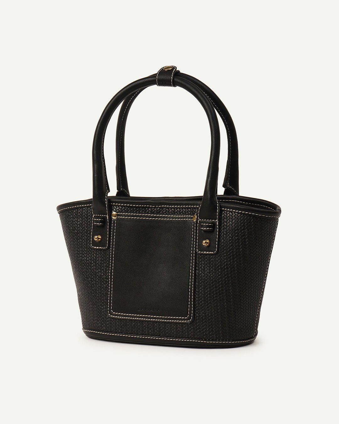 Black woven tote bag with double top handles and rectangular front pocket