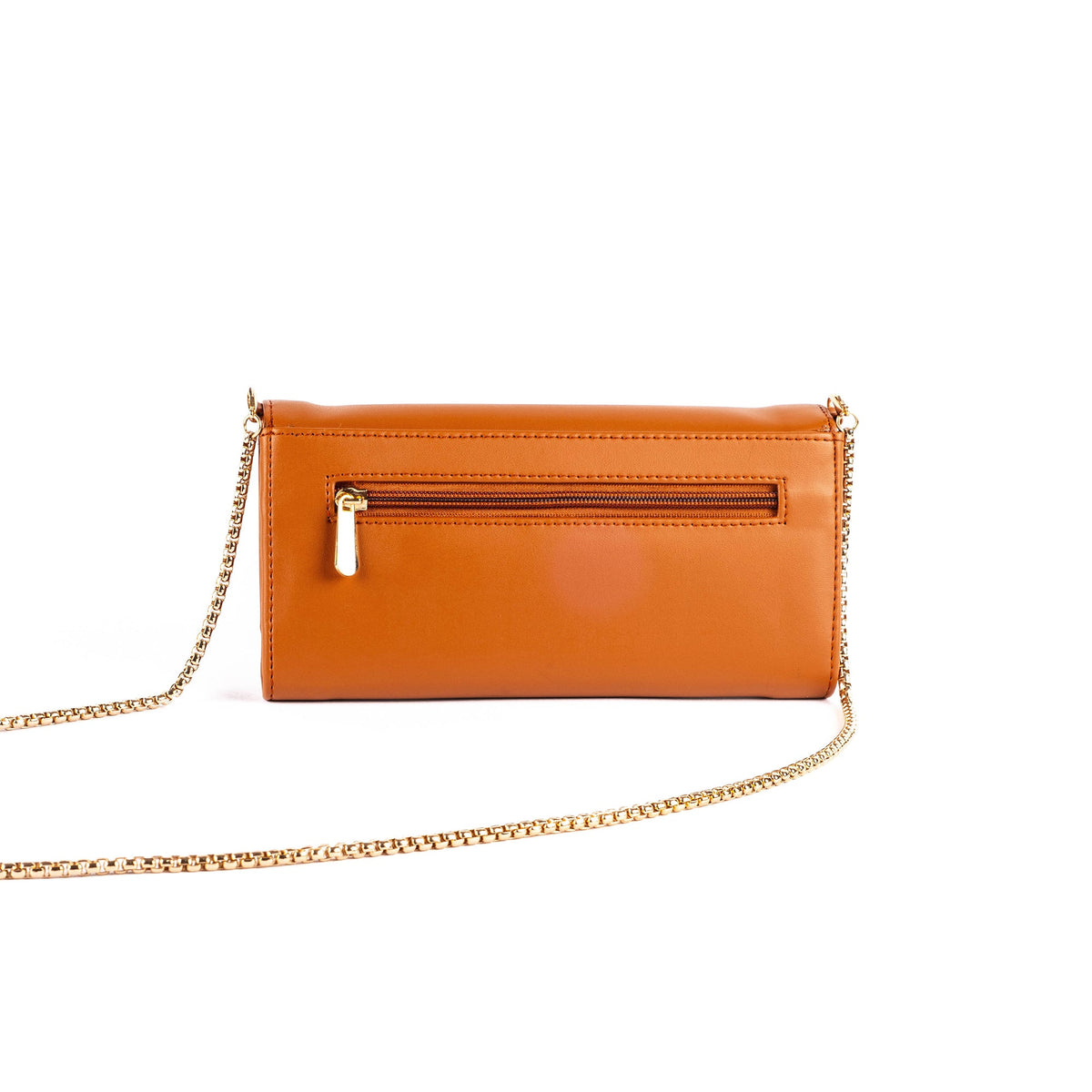 Tan leather clutch wallet with zip pocket and gold-tone chain strap